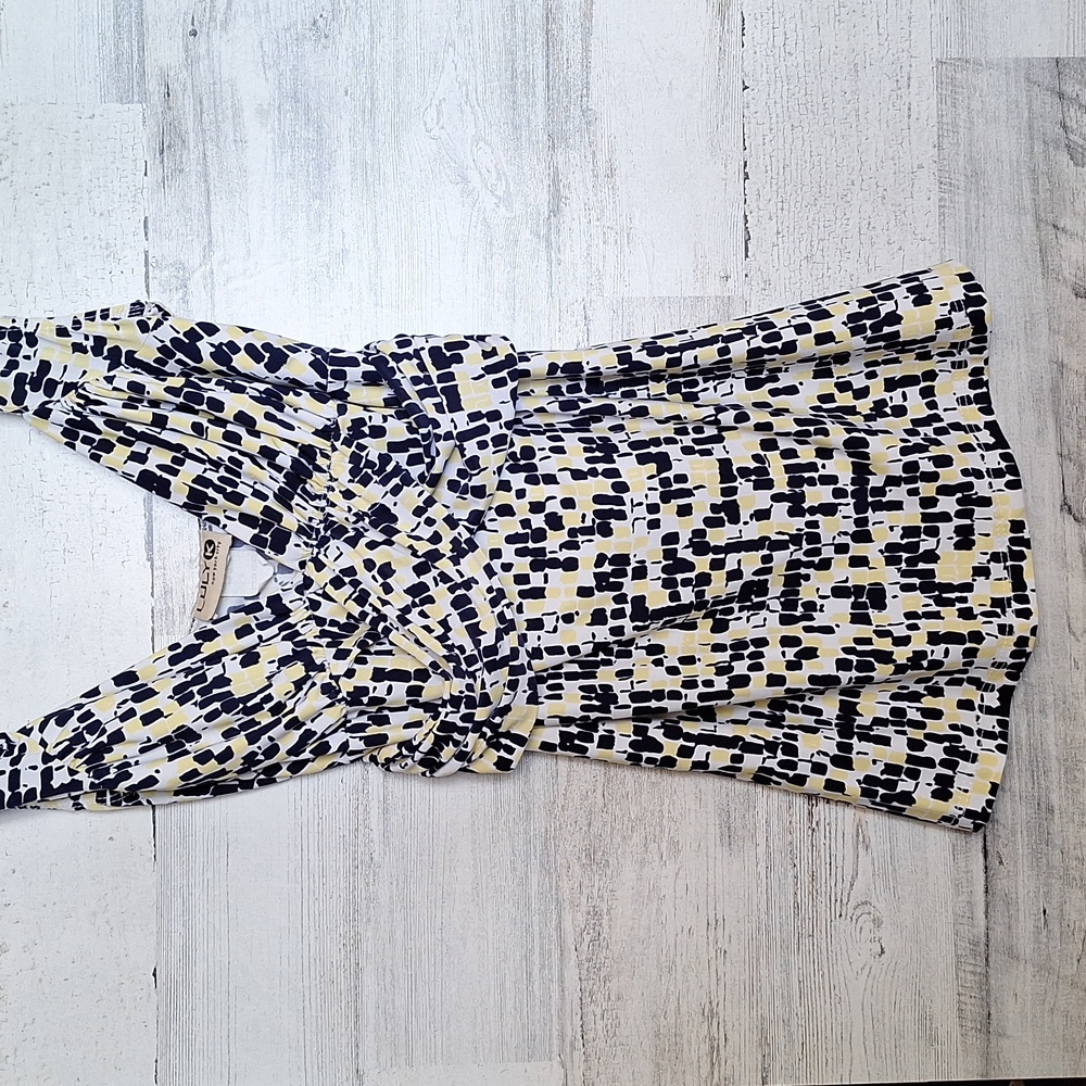 Vintage LULY K New York City Summer Top fits Small Back Tie Yellow White Black